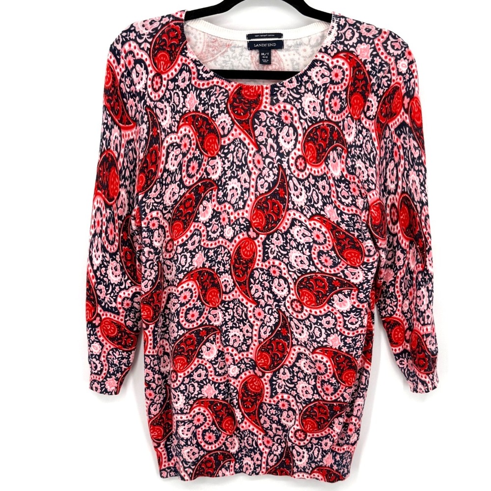 Lands End Womens Basic Top MT Red Pink Blue Paisley Supima Cotton Stretch Knit
